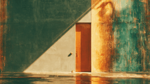 A plain unmarked door set flush into a weathered concrete street wall, lit by low afternoon sunlight, with a single small bell button beside it