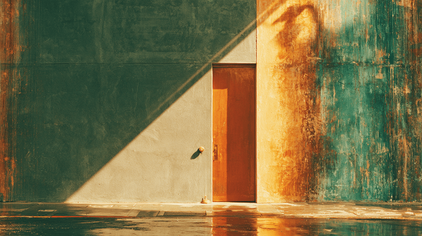 A plain unmarked door set flush into a weathered concrete street wall, lit by low afternoon sunlight, with a single small bell button beside it