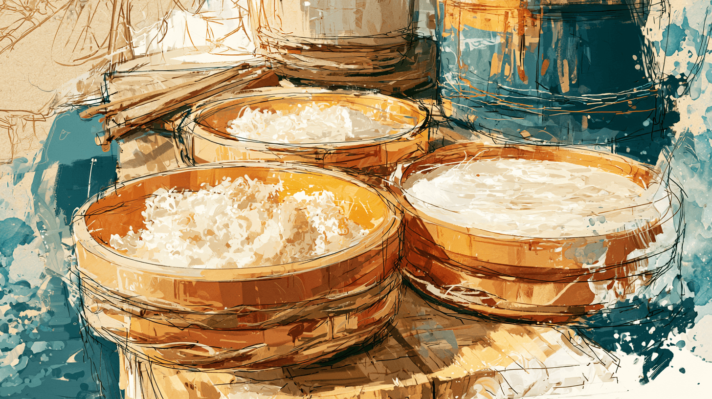 Painterly still life of steamed rice and white rice koji arranged in wooden tubs