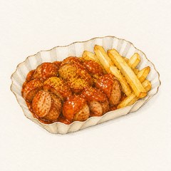 A watercolor illustration of Currywurst