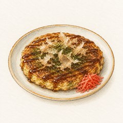 A watercolor illustration of Okonomiyaki