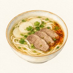 A watercolor illustration of Lanzhou Hand-Pulled Noodles (Lanzhou Lamian)