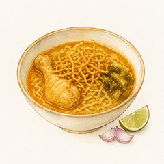 A watercolor illustration of Khao Soi