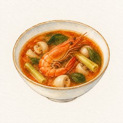 A watercolor illustration of Tom Yum Goong