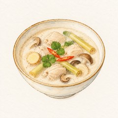 A watercolor illustration of Tom Kha Gai