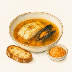 A watercolor illustration of Bouillabaisse