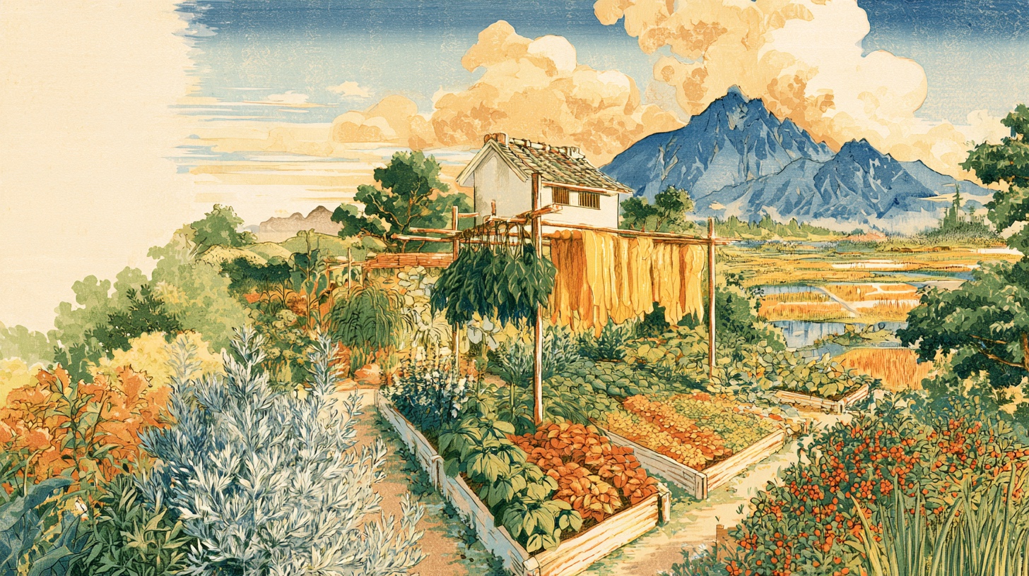 Ukiyo-e style woodblock landscape of a herb garden in a northern Japanese valley, with silvery wormwood, raised beds, a timber rack hung with drying herbs and strips of yellow bark, and mountains behind