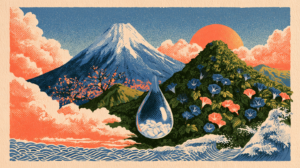 Pop ukiyo-e style illustration of a snow-capped mountain with plum blossoms and a green summer mountain with morning glories, with a clear water drop holding white rice grains between them