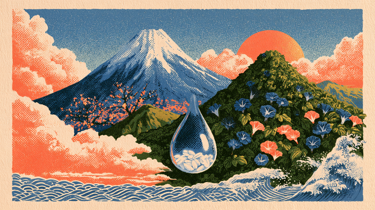 Pop ukiyo-e style illustration of a snow-capped mountain with plum blossoms and a green summer mountain with morning glories, with a clear water drop holding white rice grains between them