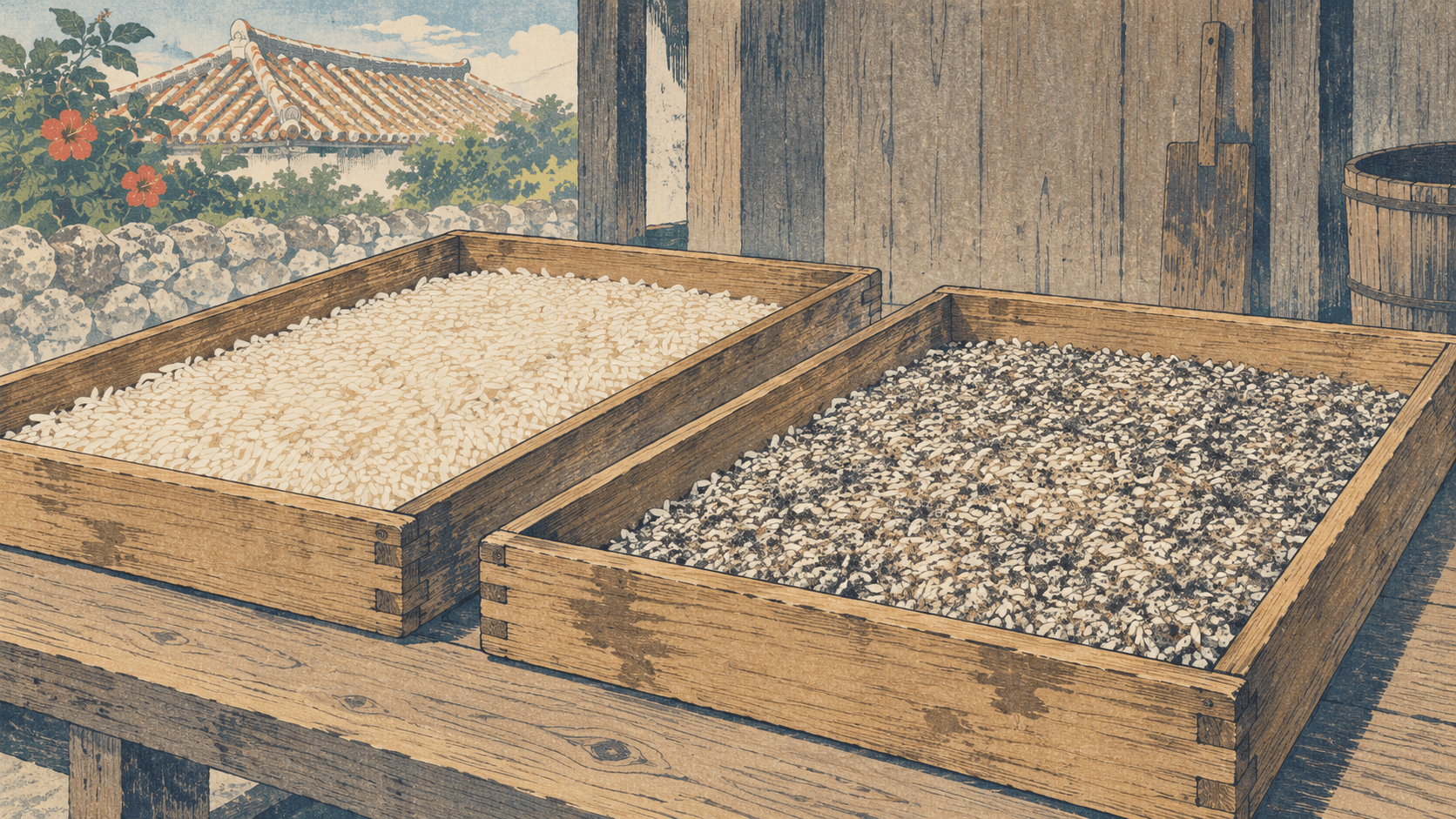 Woodblock-print-style illustration of Thai long-grain rice and rice koji made with black koji mold in two wooden trays at an Okinawan distillery