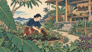 Ukiyo-e-style illustration of workers in Thai cotton clothing tending a garden with compost and preparing ingredients in an open kitchen