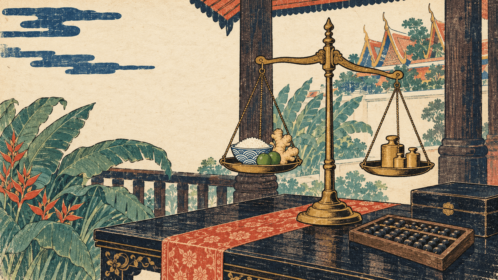Ukiyo-e woodblock-style illustration of a brass balance with rice, limes and ginger in one pan and metal weights in the other, beside a ledger box and abacus overlooking a Thai courtyard