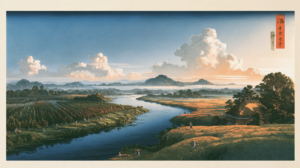 Imagined ukiyo-e landscape connecting French vineyards and Japanese rice fields with a river to compare their autumn seasons
