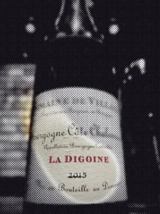 Moving dot illustration of the bottle photo from “La Digoine”; a drifting circle reveals the original picture
