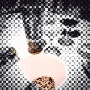 Moving dot illustration of the bottle photo from “An Enchanting Evening at Mezzaluna”; a drifting circle reveals the original picture