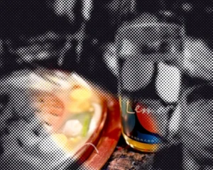 Moving dot illustration of the bottle photo from “Enjoy Moo-gata”; a drifting circle reveals the original picture