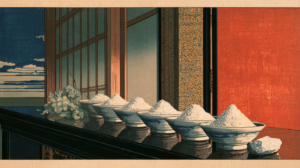 Ukiyo-e style illustration of six porcelain bowls on a lacquered table holding gradually larger heaps of white sugar, beside a cluster of green grapes and a white chalk stone