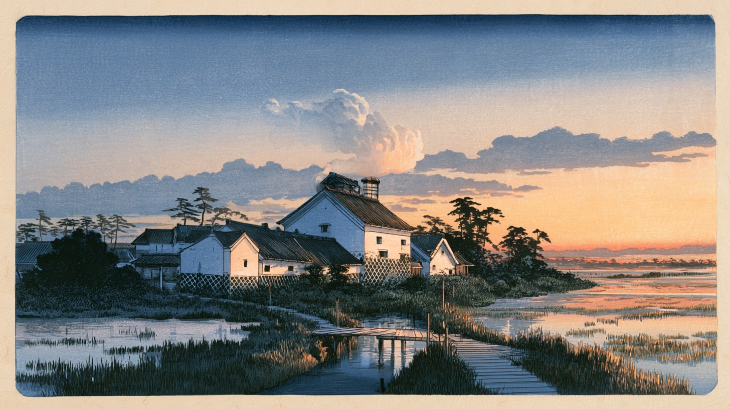Ukiyo-e style landscape of a small sake brewery with white plaster walls and dark tiled roofs beside marshland at dusk, with reeds, still water, a wooden boardwalk, pine trees and orange clouds