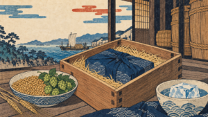 Ukiyo-e-style illustration of a wooden shipping crate with an indigo-wrapped parcel, barley, hops and ice beside a harbor