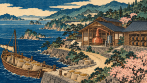 A conceptual ukiyo-e landscape of barley arriving by boat at a Japanese coastal distillery with a copper still and wooden maturation casks.