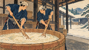 Imagined ukiyo-e woodblock scene of two Japanese brewery workers performing kimoto rice-mashing with wooden paddles in a wide tub