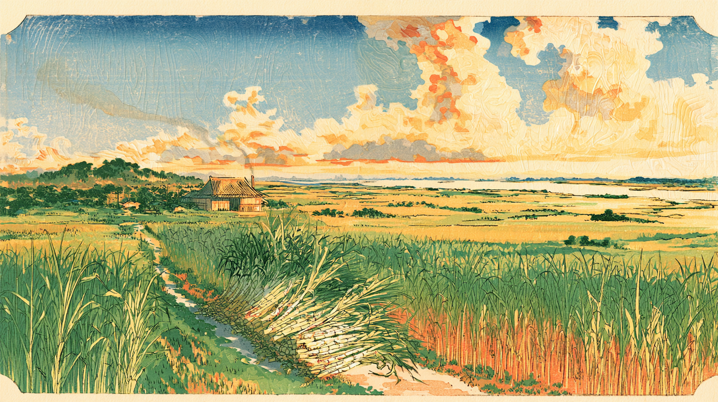 Ukiyo-e style illustration of an unburned green sugarcane field beside a wide river, with hand-cut stalks stacked on a path and a small wooden distillery shed