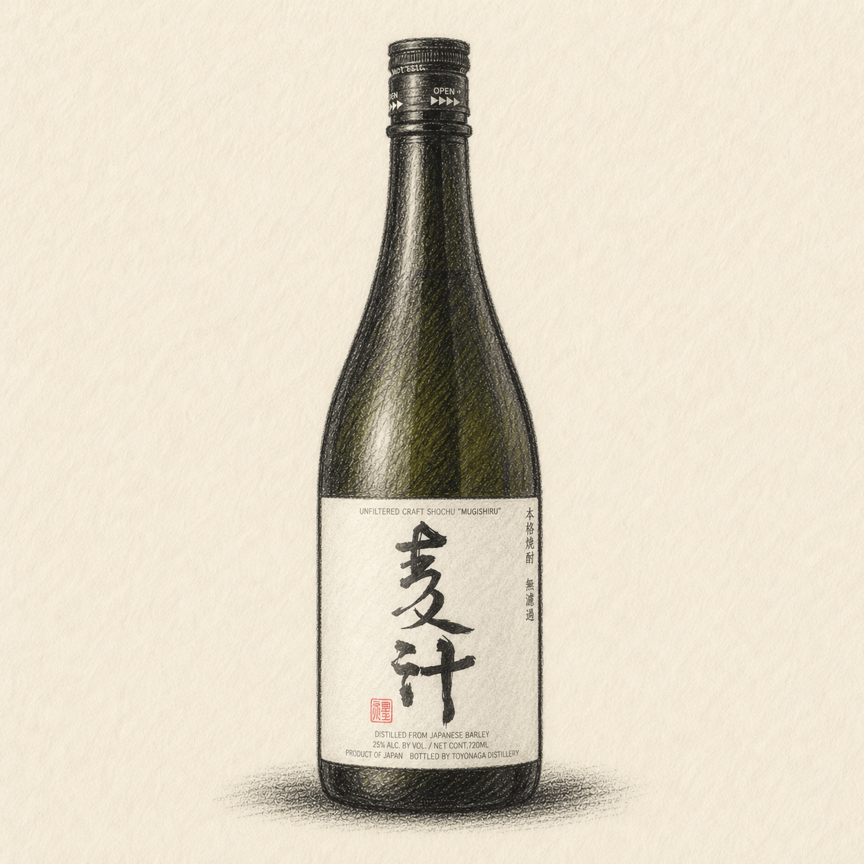 Green bottle with black cap and white label featuring large black Japanese characters