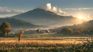 Painterly landscape inspired by Kumamoto’s Kuma region, with mountains, fields, morning sunlight and barley ears in the foreground