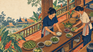An ukiyo-e-style illustration of an imagined Thai kitchen, where two women in Thai work clothes arrange tea, flowers, herbs and edamame for beverage preparation.