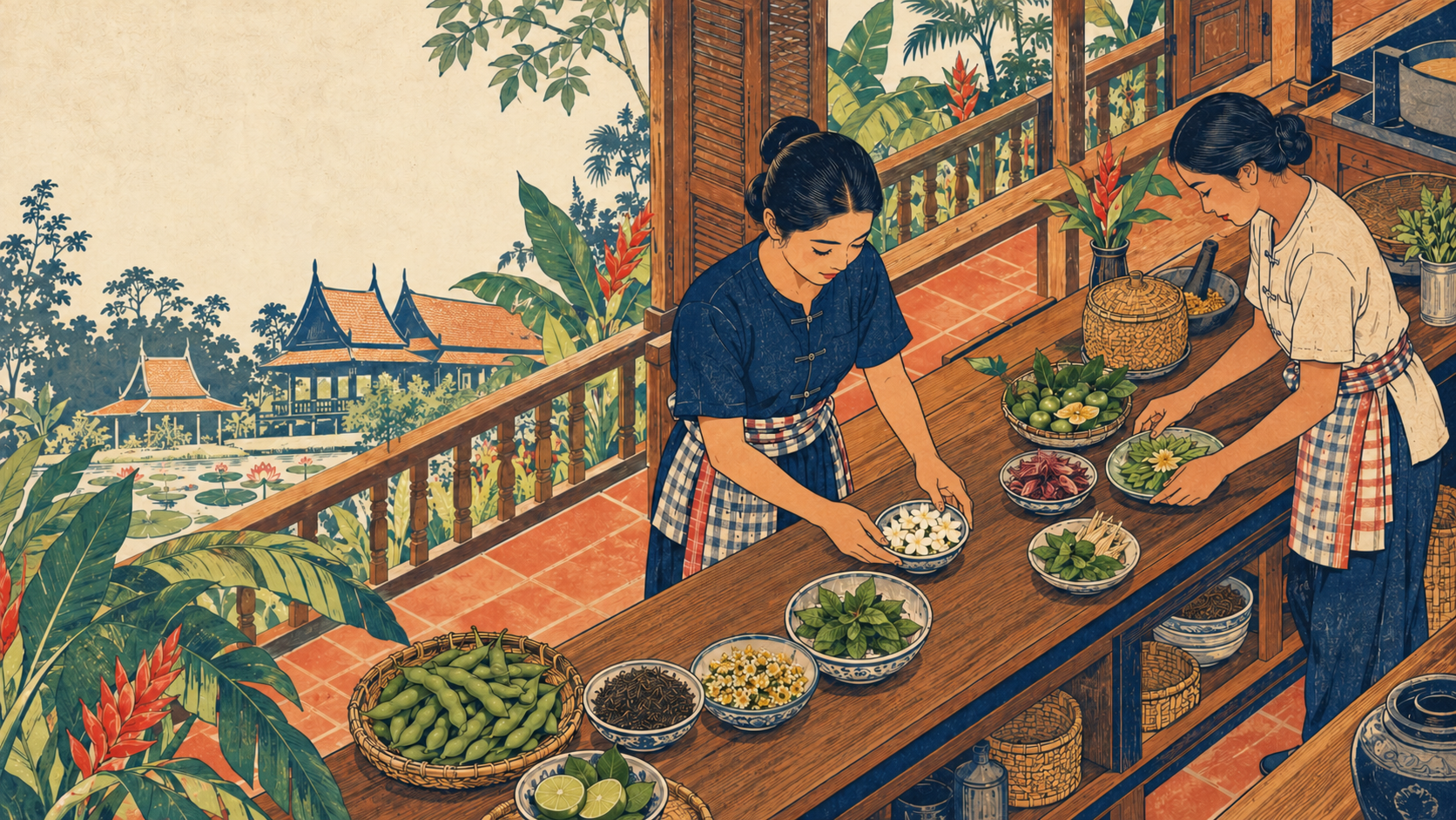 An ukiyo-e-style illustration of an imagined Thai kitchen, where two women in Thai work clothes arrange tea, flowers, herbs and edamame for beverage preparation.