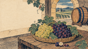Ukiyo-e woodblock-style illustration of green-gold and purple grapes, an opened grape and an oak barrel in an imagined stone winemaking space