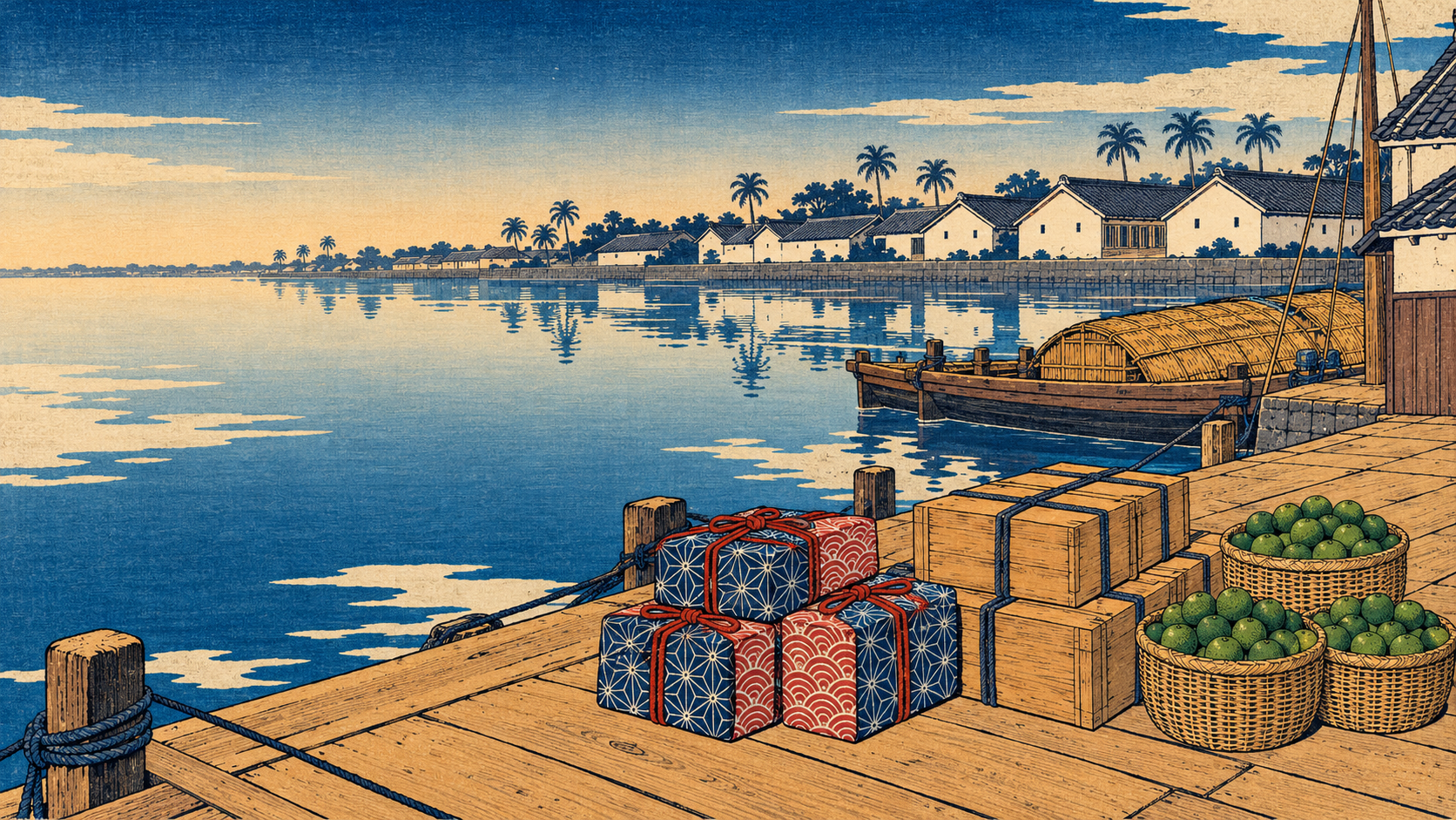 Ukiyo-e style illustration of a riverside quay at dawn, with wrapped parcels, rope-bound wooden crates and baskets of green limes stacked in three separate groups on the wooden landing