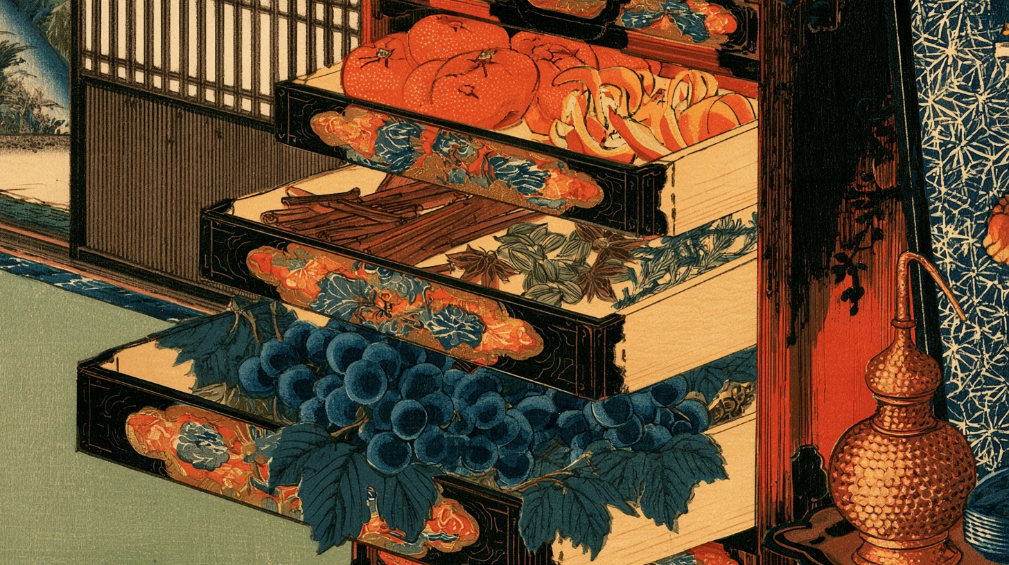 Ukiyo-e style woodblock still life of a lacquered cabinet with three open drawers holding oranges, spices and herbs, and grapes, beside a small copper still