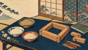 Ukiyo-e-style illustration of rice specimens and interlocking wooden pieces assembled into a square frame on a lacquered table