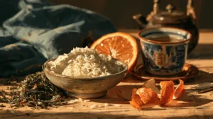 Painterly still life of rice grains, tea leaves and citrus on a wooden table in warm light
