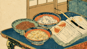 Ukiyo-e woodblock-style illustration of rice specimens, an open study ledger with fruit illustrations, and an ink brush on a lacquered table