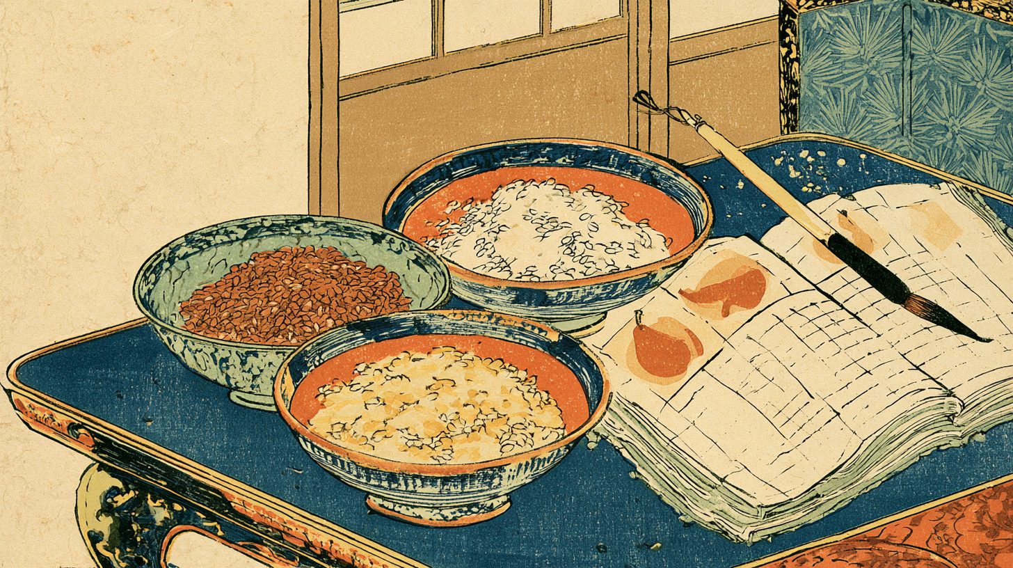 Ukiyo-e woodblock-style illustration of rice specimens, an open study ledger with fruit illustrations, and an ink brush on a lacquered table