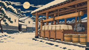 Ukiyo-e style illustration of a snowy sake brewery at night under a full moon, with stacked cloth sake bags in a wooden pressing vat, a long press beam weighted with hanging stones, and three lidded wooden tubs