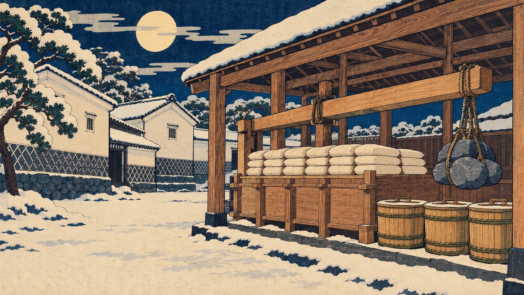 満月の雪の夜の酒蔵で、木の槽に積まれた酒袋、石を吊った長い押し木、蓋をした三つの木桶を描いた浮世絵風イラスト