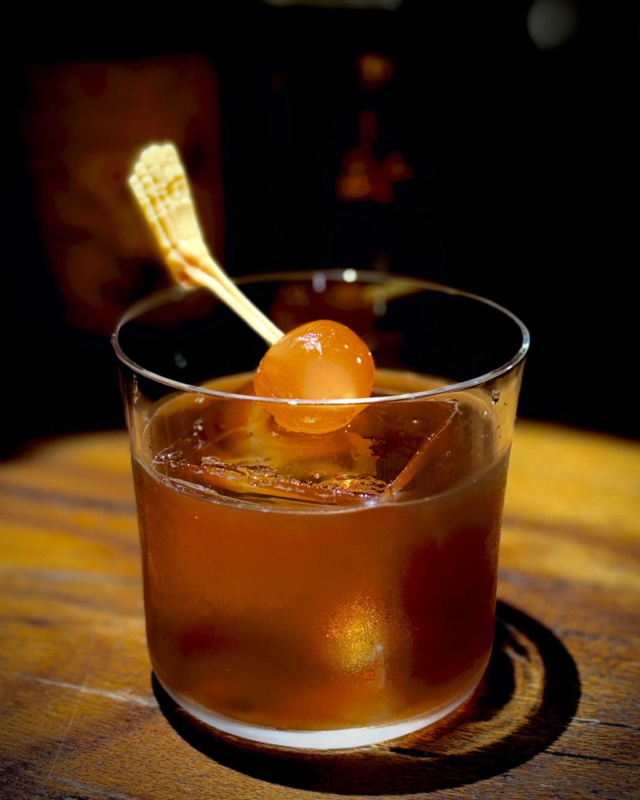 Nuit et Noir: an amber-coloured cocktail over ice in a rocks glass