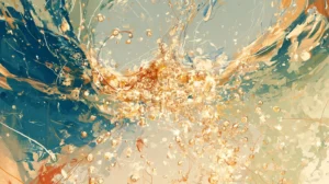 Abstract painting of delicate bubbles, gold light and blue-green flowing forms