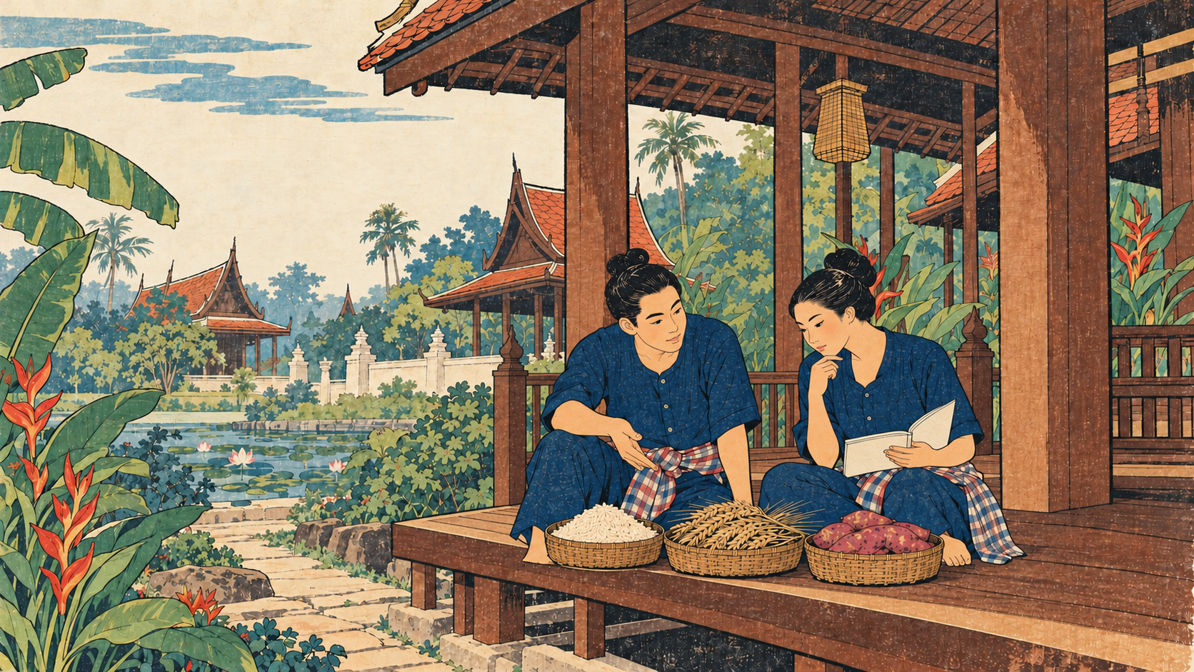 Imagined ukiyo-e woodblock scene of two Thai staff discussing baskets of rice, barley and sweet potatoes on a veranda overlooking a tropical garden