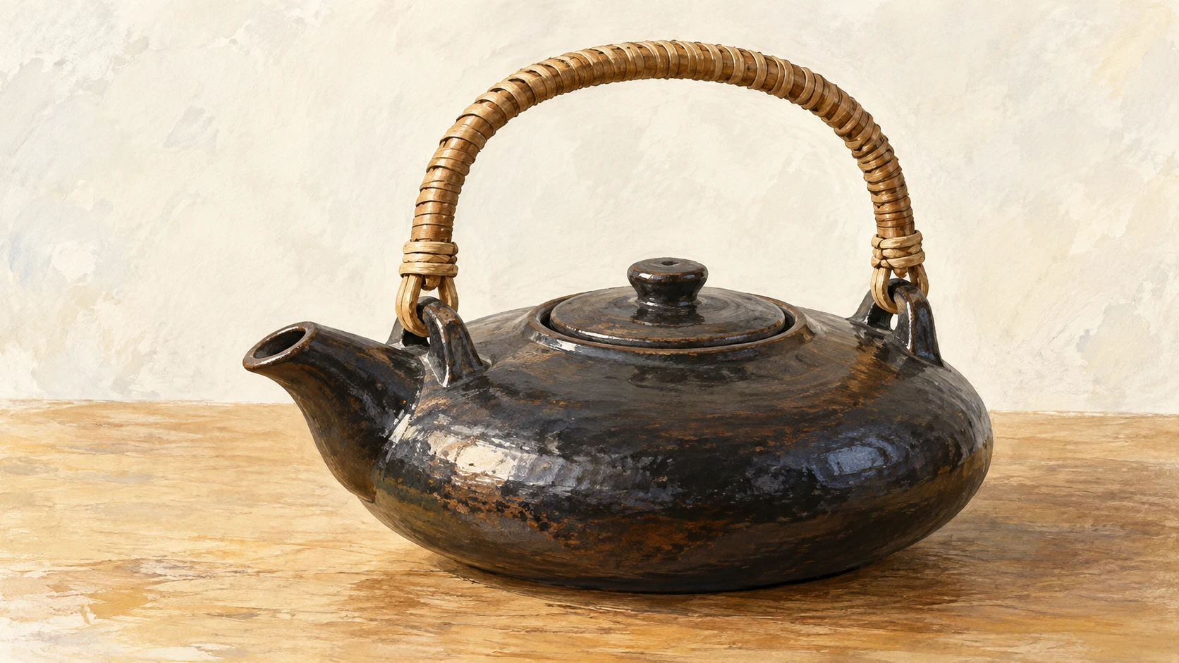 Illustration of a kuro-joka with a low, flat black ceramic body and an arched woven handle