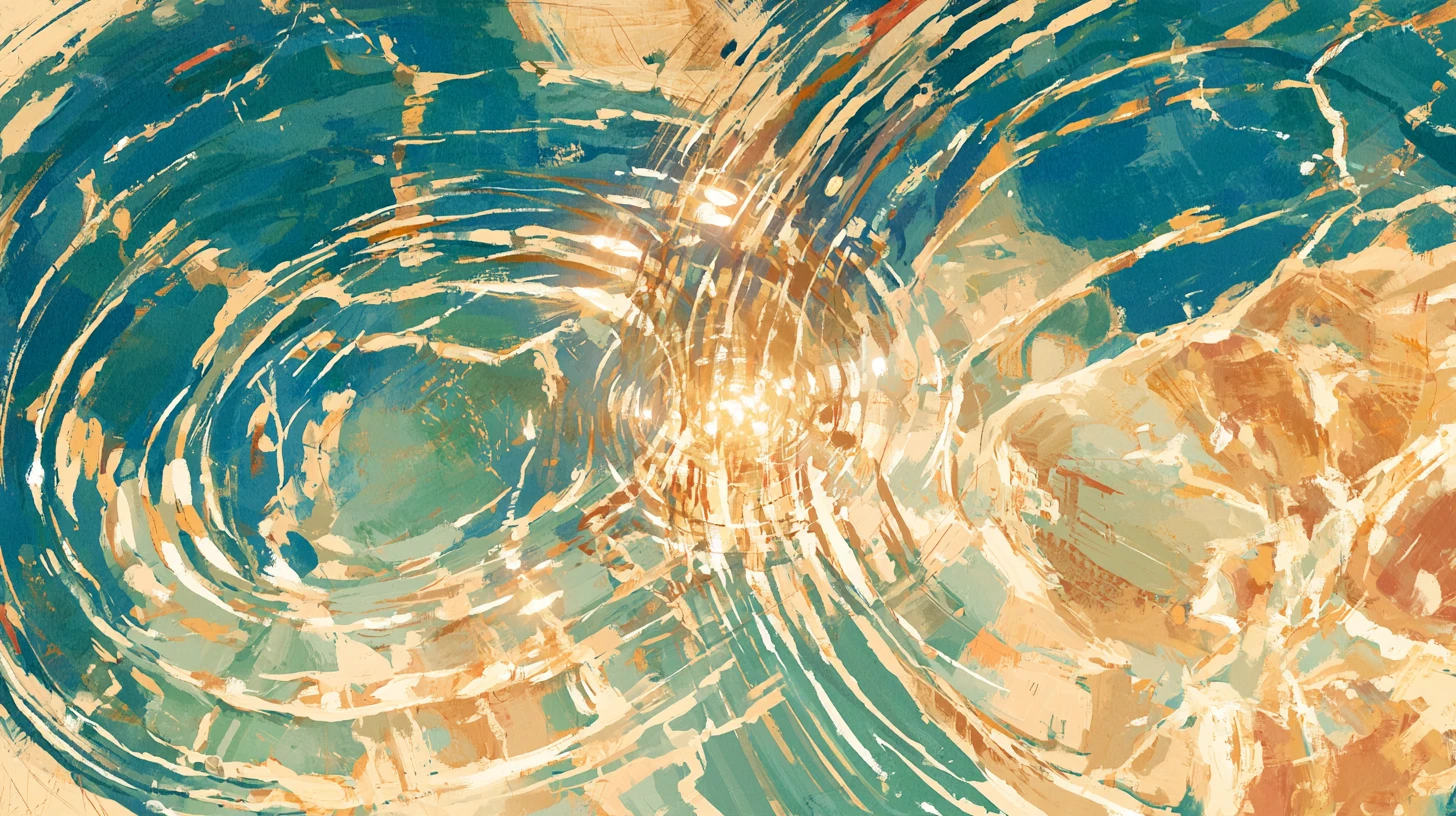Abstract painting of overlapping water ripples in teal, pale green and warm gold
