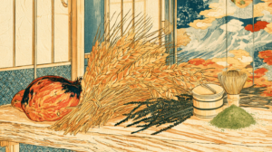 Ukiyo-e-style illustration of a sweet potato, a sheaf of barley, long pepper spikes and matcha powder beside a wooden caddy on a cypress board