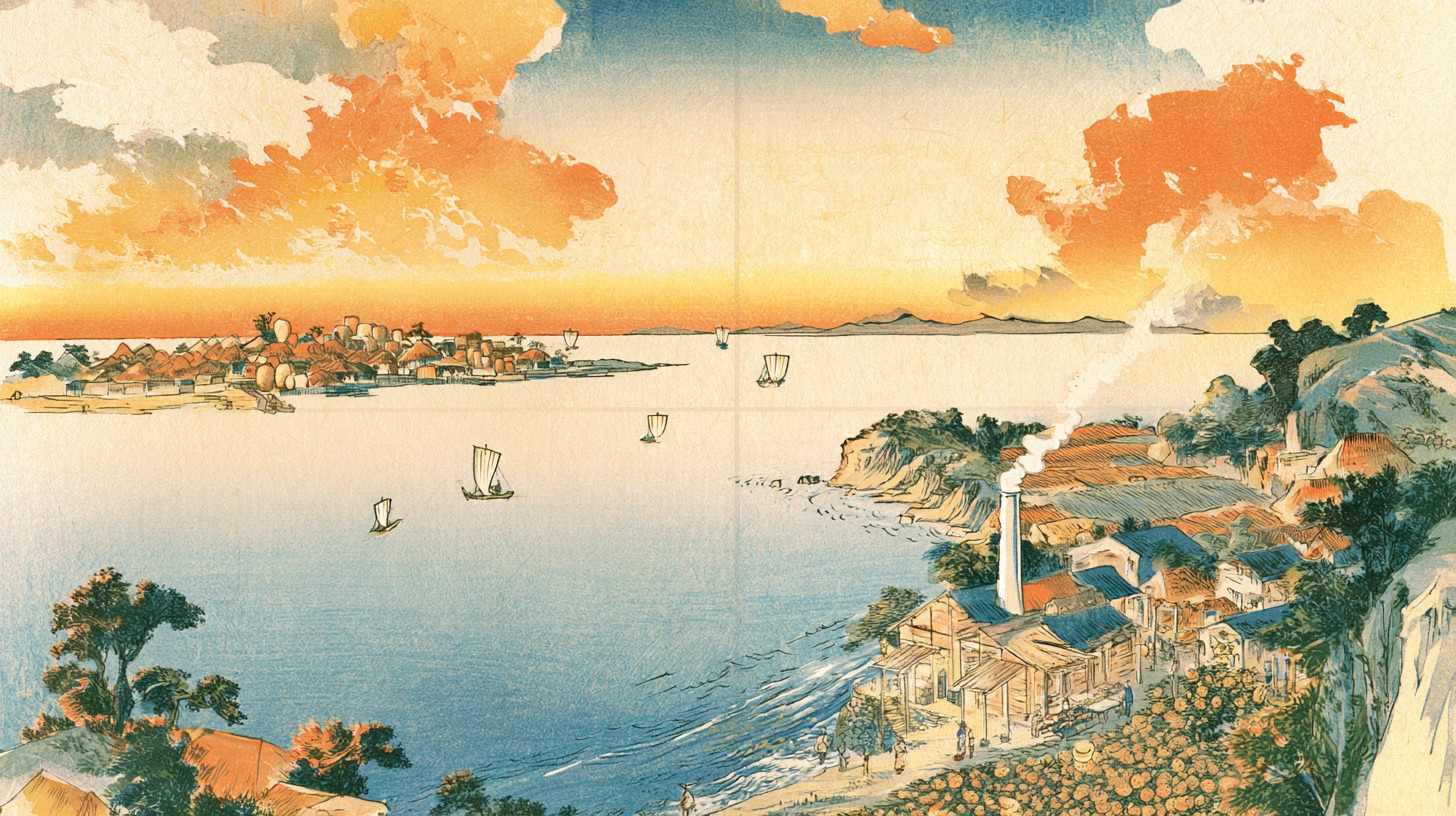 Ukiyo-e style woodblock landscape of a narrow strait at dawn, with a coastal village on the far shore and a distillery with rising steam on the near shore