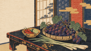Ukiyo-e woodblock-style illustration of grapes, red chilies, lime and lemongrass on a low lacquered table, with shoji and patterned folding screens behind