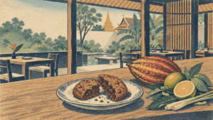 Japanese woodblock-style illustration of a broken cookie, cacao and citrus on a wooden counter overlooking a leafy Bangkok restaurant courtyard