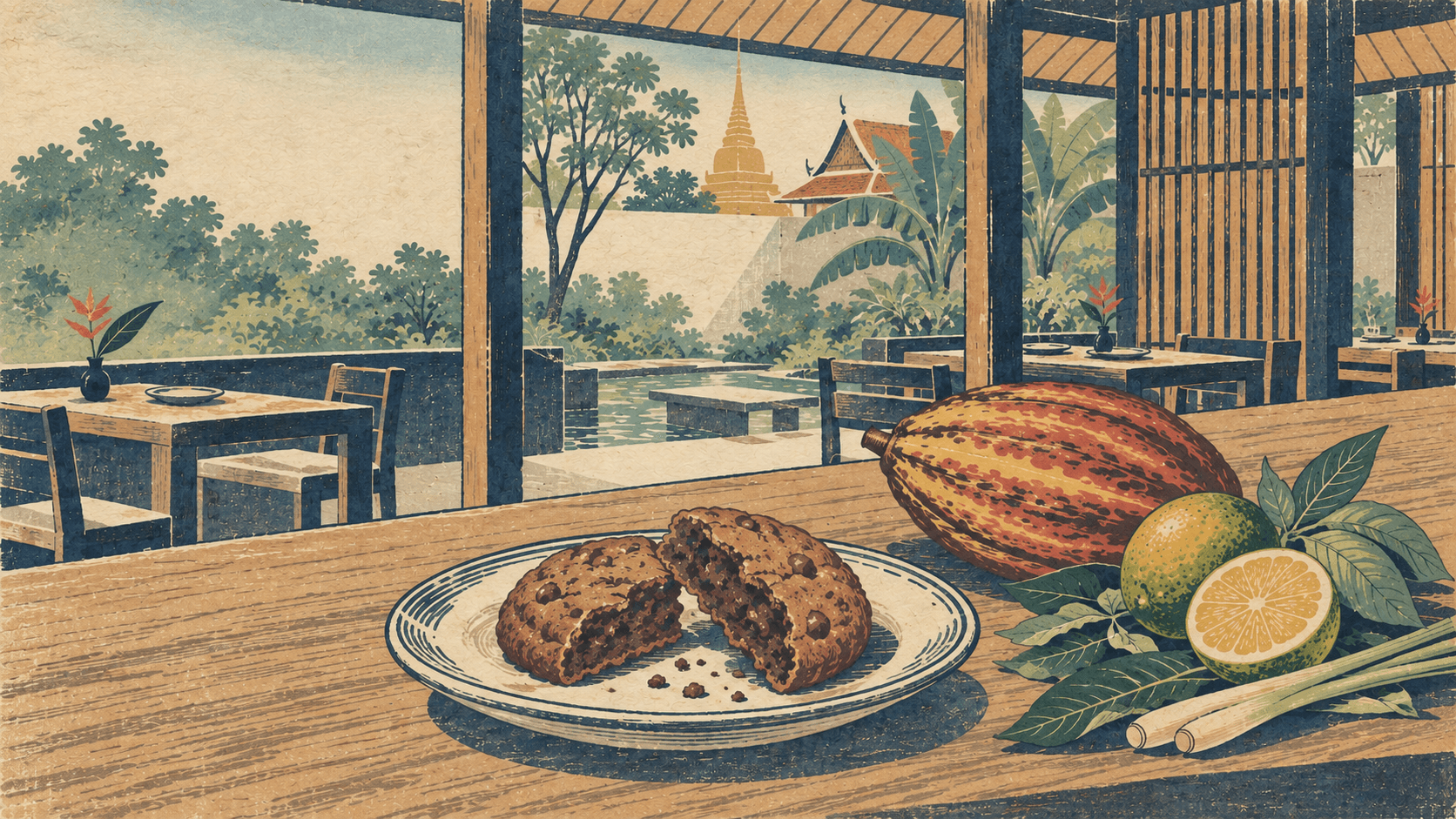 Japanese woodblock-style illustration of a broken cookie, cacao and citrus on a wooden counter overlooking a leafy Bangkok restaurant courtyard
