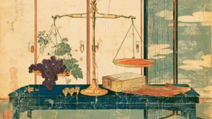 Ukiyo-e woodblock-print style still life of a brass balance scale on a low indigo table, with a cluster of purple grapes and vine leaves in one pan, the other pan empty, small gold weights, a ledger box and an abacus beside it